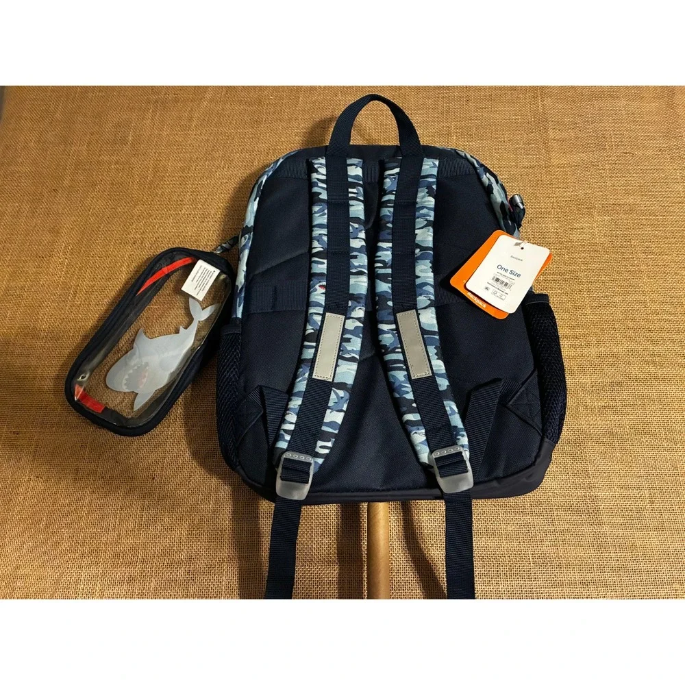 Cat & Jack Shark 4 Piece Backpack Set Blue Camo Lunch Bag Pencil Pouch Keychain